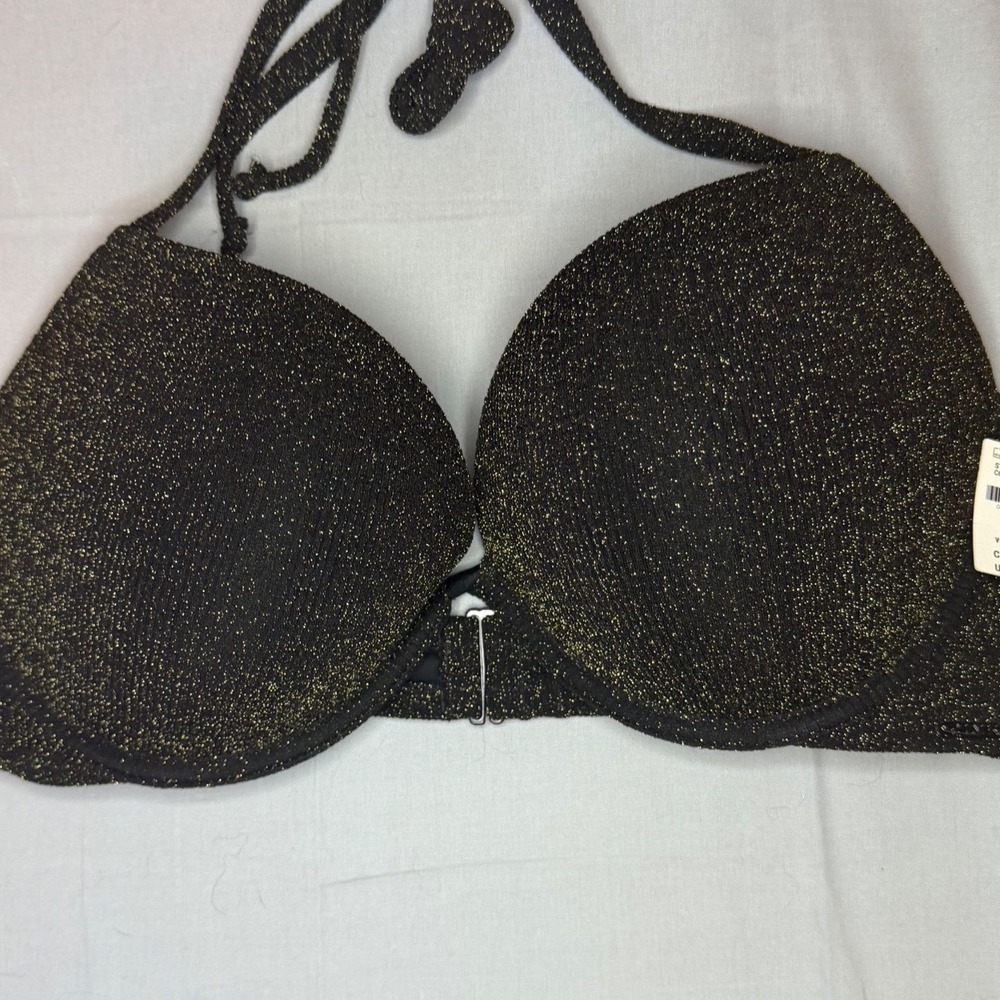 PINK Victoria's Secret‎ Bikini Top Women's XL Black Gold NEW Metallic Push-Up